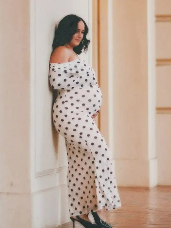Chic-Polka Dot Off-Shoulder Backless Bodycon Maternity Maxi Dress