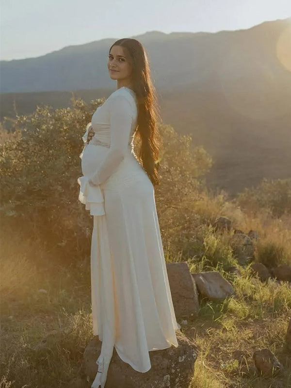 Chic- Lace Splicing V-Neck Sash Party Maternity Maxi Dress