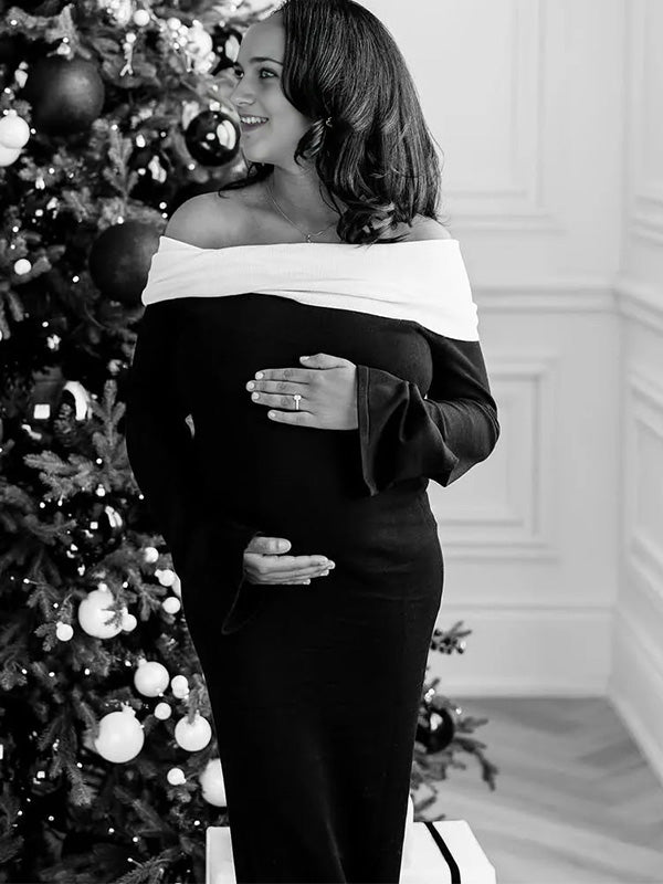 Chic-White and Black Off Shoulder Contrast Fold Maternity Maxi Dress