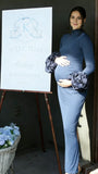 Chic-Blue Long Sleeve Slit Bodycon Maternity Maxi Dress