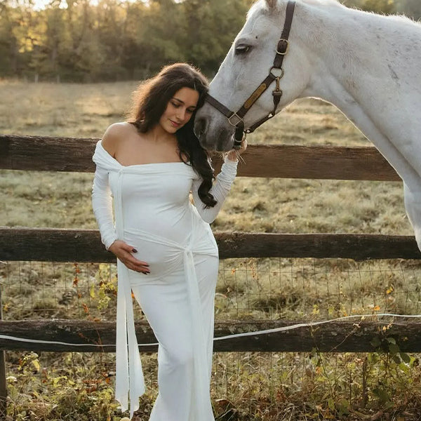 Chic- White Bodycon Off-the-Shoulder Tie-Detail Long-Sleeve Maternity Maxi Dress