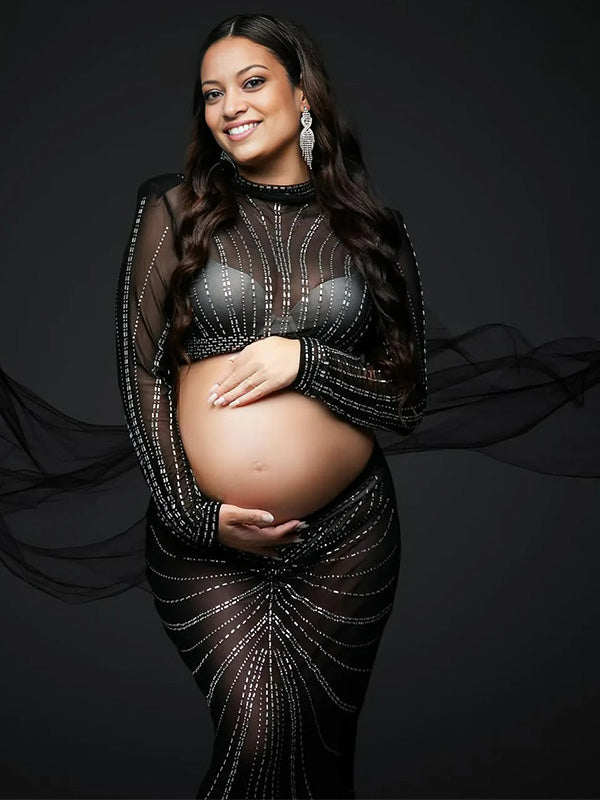 Crop-Mesh Sheer Photoshoot Maternity Maxi Dress