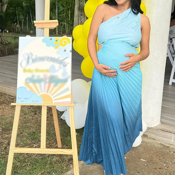 Chic-Blue Gradient Off-Shoulder Pleated Full-Skirt Maternity Maxi Dress