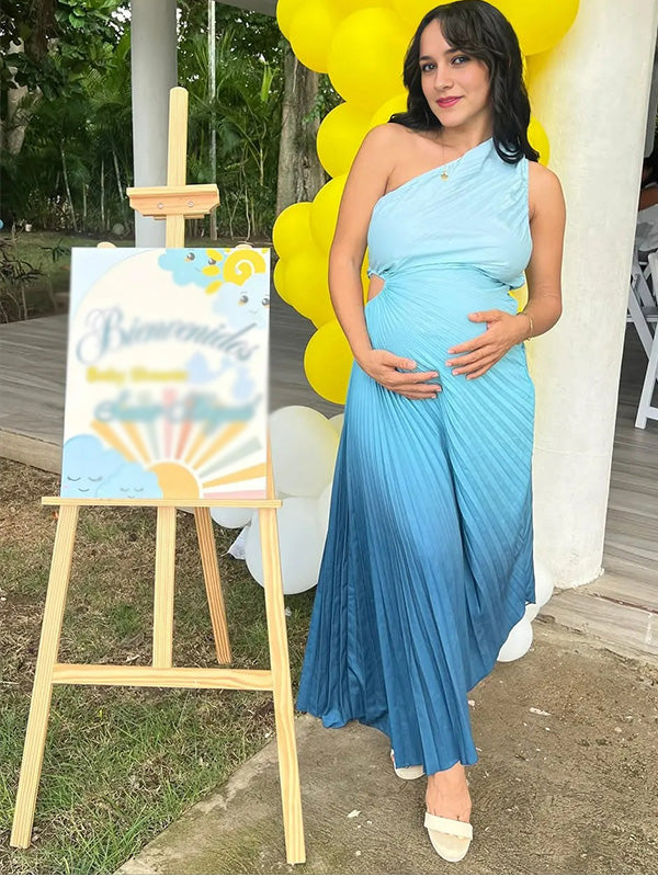Chic-Blue Gradient Off-Shoulder Pleated Full-Skirt Maternity Maxi Dress