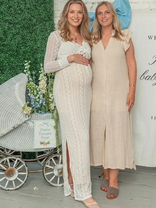 Chic-Two-Piece Lace Maternity Maxi Dress with Cardigan