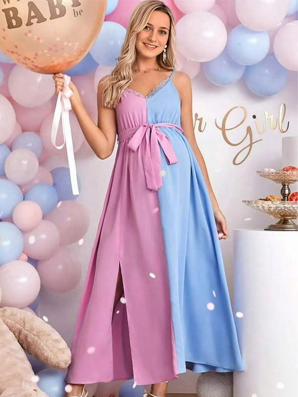Casualwear-Blue-pink Colorblock Gender Reveal Maternity Dress