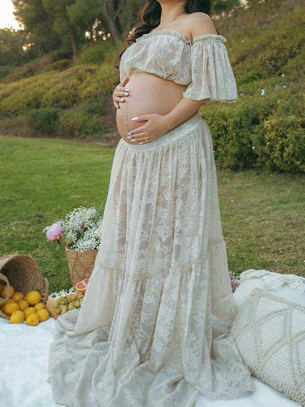 Crop-Boho Off-Shoulder Lace Maternity Photoshoot Dress