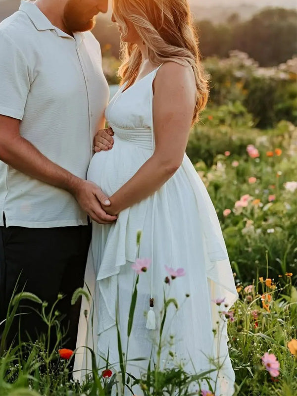 Chic-V-neck Backless Strapless Double-Layer Ruffled Maternity Maxi Dress