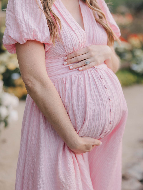 Pink soft cotton linen maternity maxi dress with short puff sleeve and v-neck