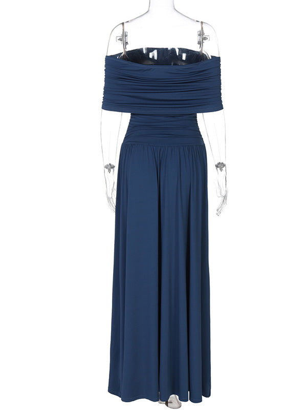 Casualwear-Off Shoulder Pleated  Maternity Maxi Dress