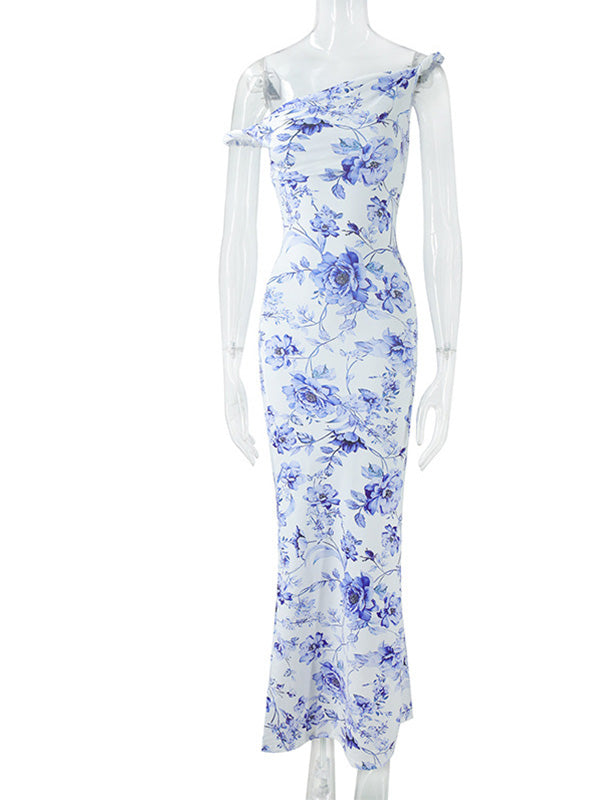 Casualwear- Bodycon Off-Shoulder Ruffle-Hem Printed Maternity Dress