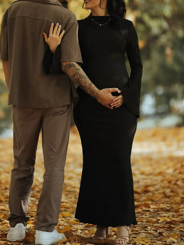 Casualwear- White Long Sleeves Bodycon Maternity Maxi Dress