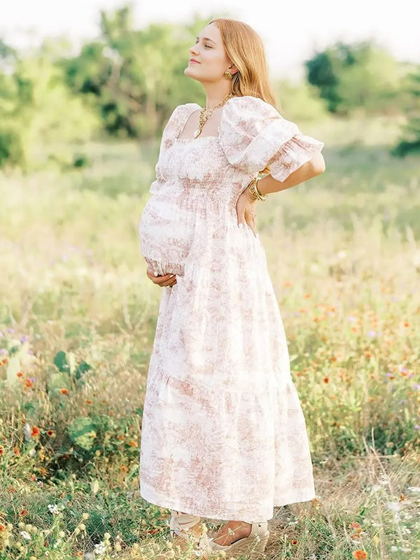 Chic-Floral Puff Sleeve Maternity Maxi Dress