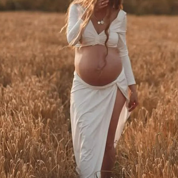 Crop-Two- Piece High Slit Backless Maternity Phootshoot Maxi Dress