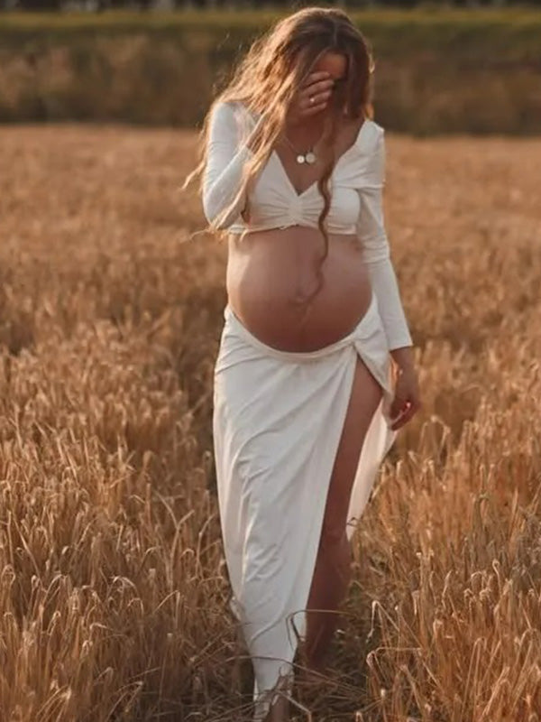 Crop-Two- Piece High Slit Backless Maternity Phootshoot Maxi Dress