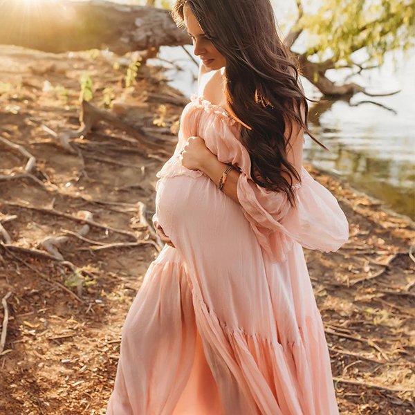 Chic-Off Shoulder Chiffon Ruffle Photoshoot Maternity Maxi Dress