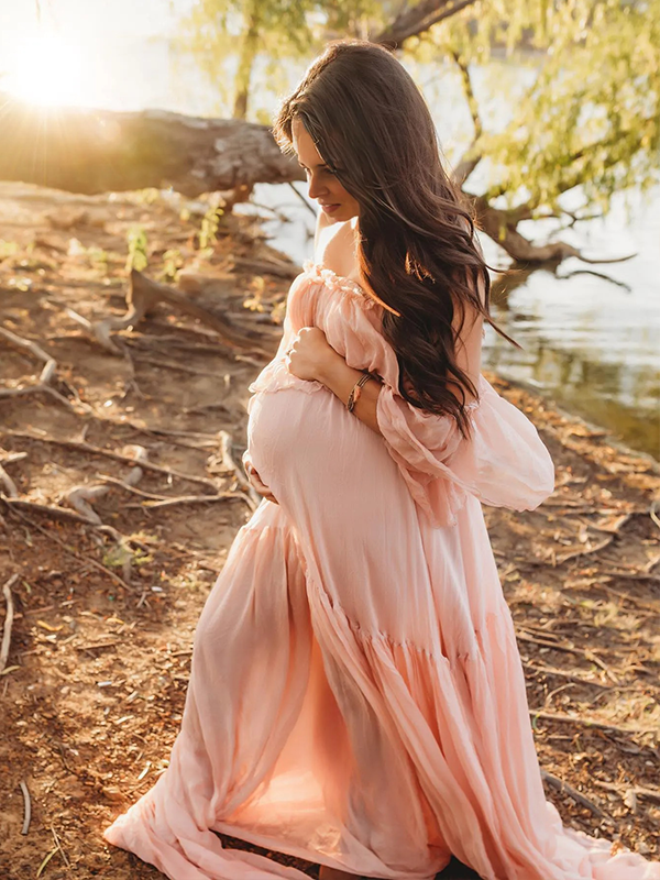 Chic-Off Shoulder Chiffon Ruffle Photoshoot Maternity Maxi Dress