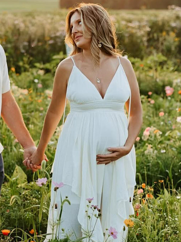 Chic-V-neck Backless Strapless Double-Layer Ruffled Maternity Maxi Dress