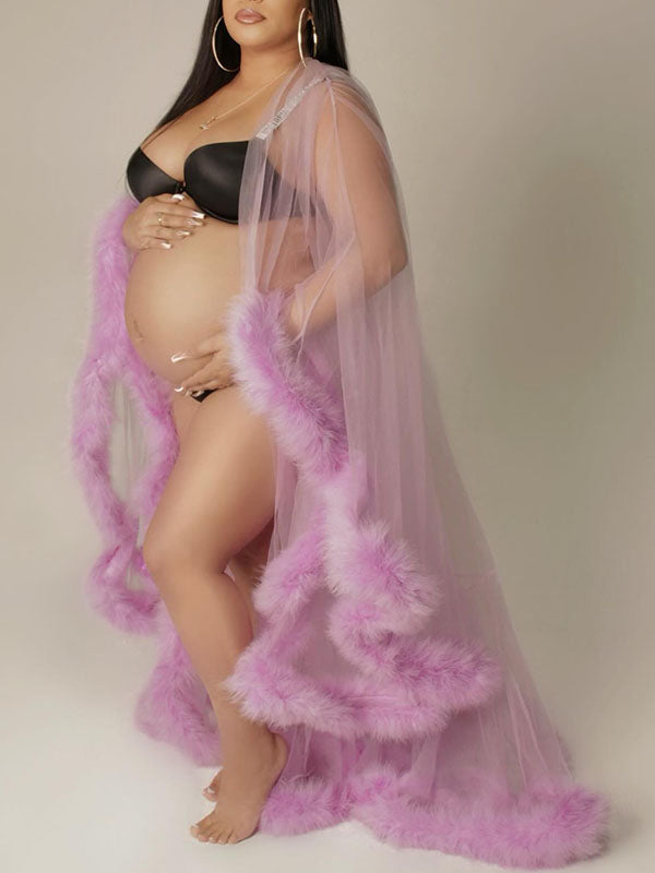 Crop- Feather Splicing Mesh Photoshoot Maternity Robe