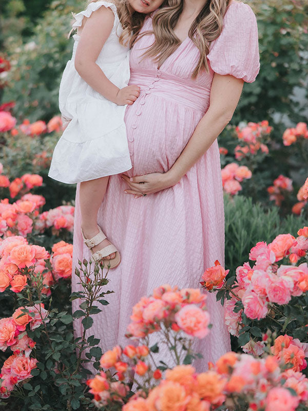 Casualwear-Puff Sleeve Linen Maternity Maxi Dress