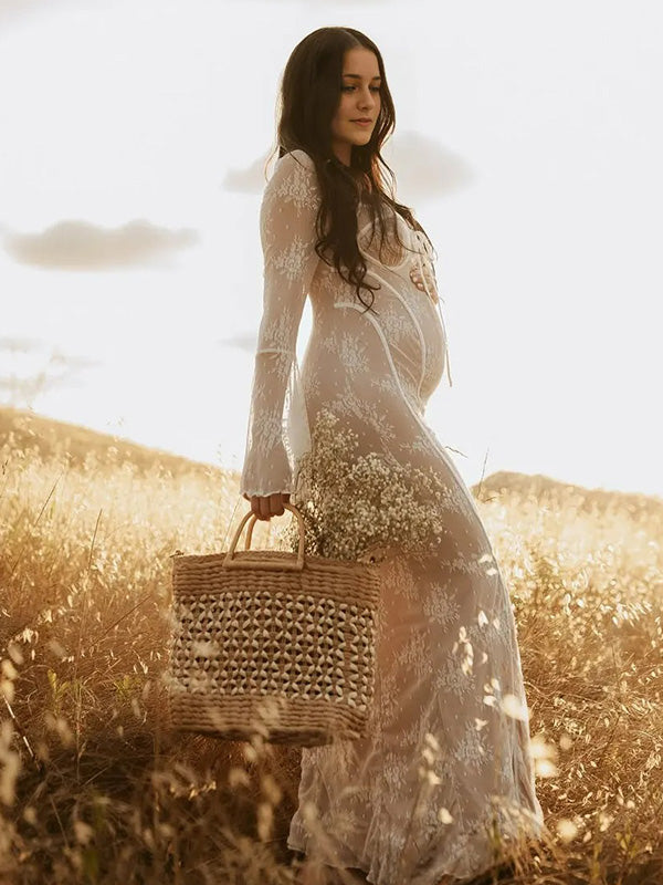 Lace-  White Slim Fit Square Neck Long Sleeves Maternity Photography Dress