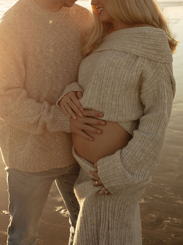 Chic- Off Shoulder Two Pieces Bodycon Knit Maternity Sweater Maxi Dress