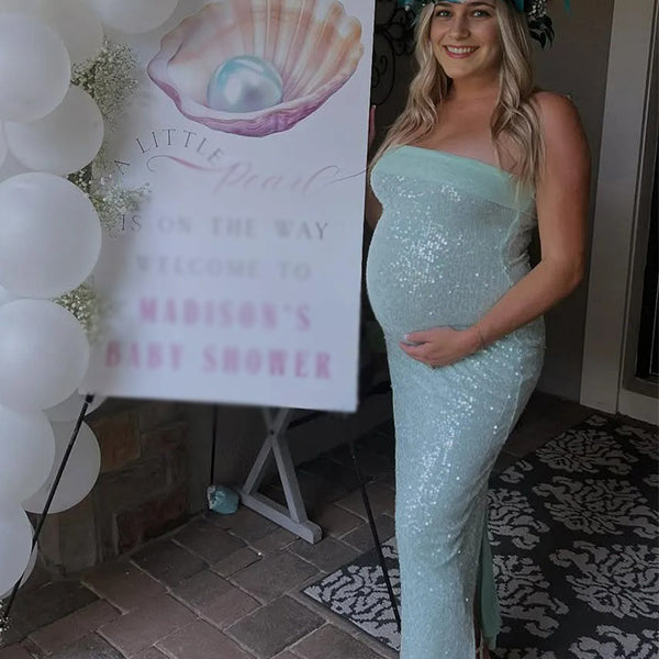 Sparking-Off-the-Shoulder Sequin Maternity Maxi Dress