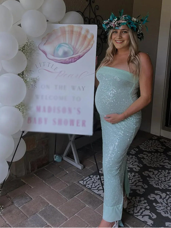 Sparking-Off-the-Shoulder Sequin Maternity Maxi Dress