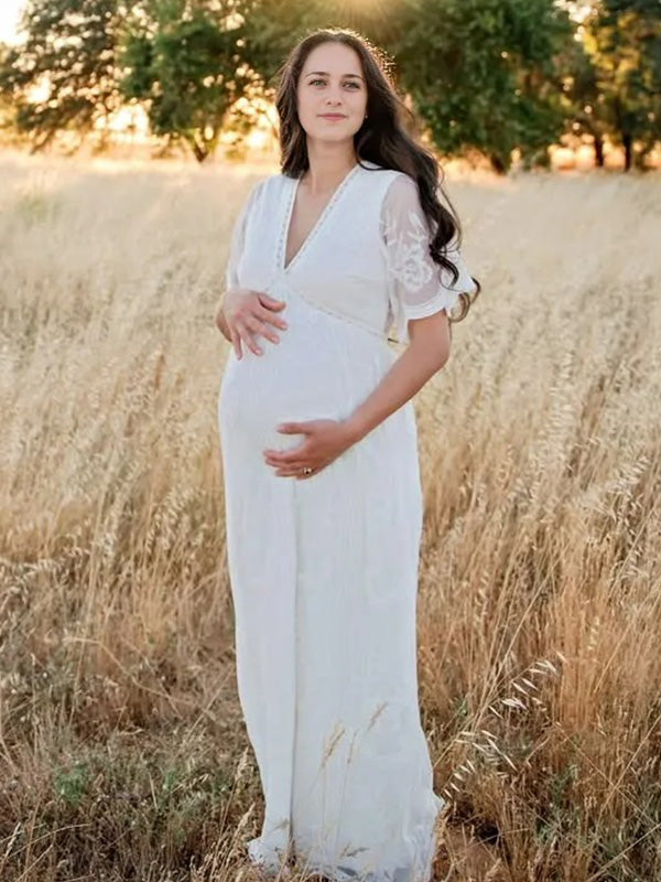 Lace-White Embroidery Maternity Photoshoot Maxi Dress