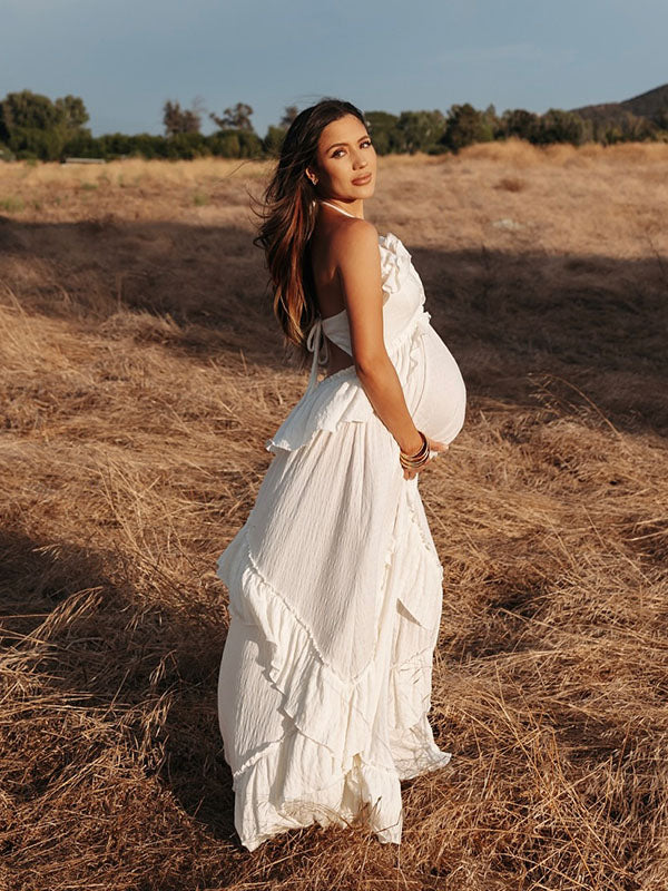 Chic-Ruffle Boho Back Tie Maternity Maxi Dress