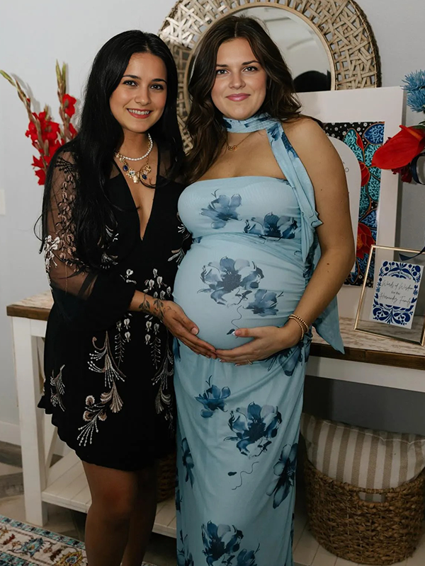 Chic-Blue Print Ruched Fitted Baby Shower Maternity Maxi Dress