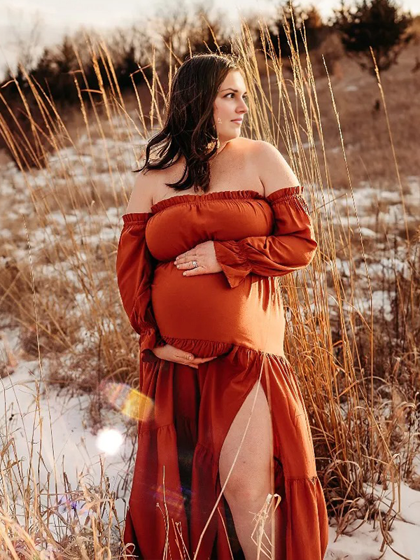 Chic- Boho Off Shoulder Puff Sleeves Maternity Photoshoot Maxi Dress