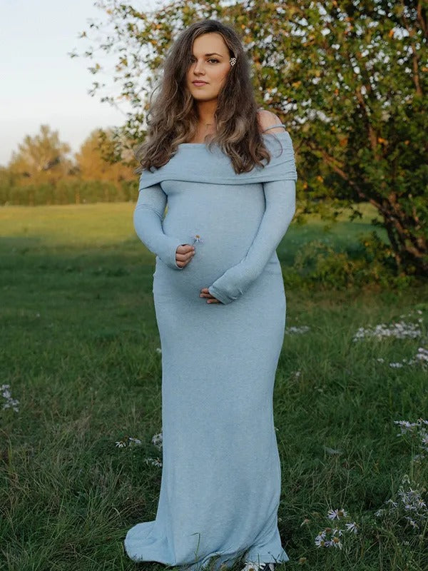 maternity off shoulder bodycon dress Momyknows Blue Knitted Off Shoulder Bodycon Crochet Flare Sleeve Elegant Baby Moon Beach Vacation Maternity Photoshoot Baby Shower Maxi Dress, Blue /