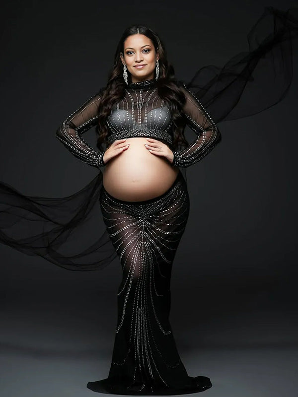 Crop-Mesh Sheer Photoshoot Maternity Maxi Dress
