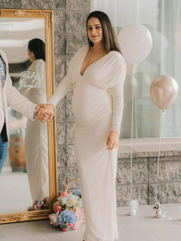 Chic-Apricot Slim fit V-Neck Maternity Maxi Dress
