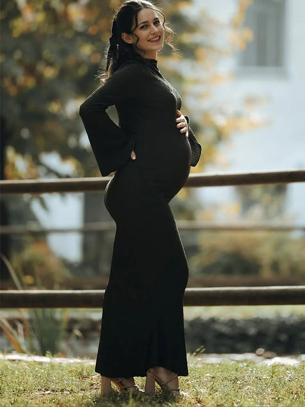 Casualwear- White Long Sleeves Bodycon Maternity Maxi Dress