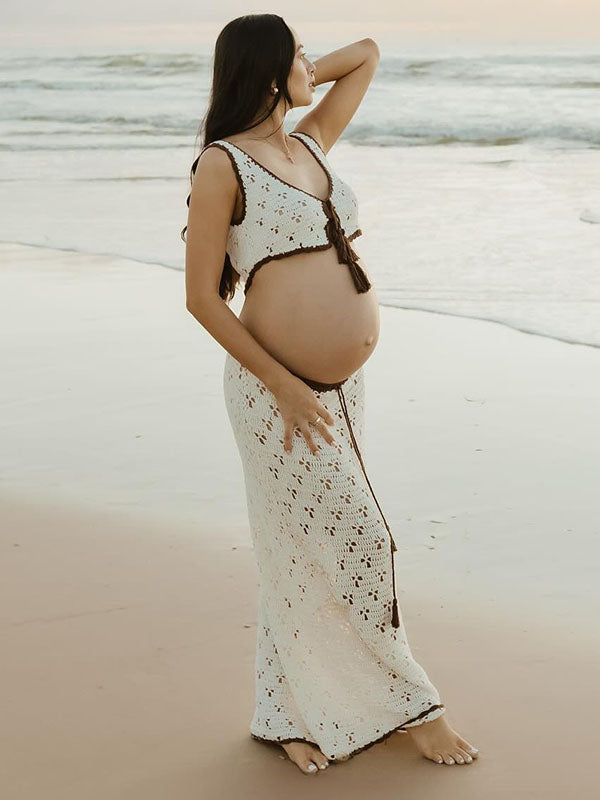 Crop-2 Pieces Set Vacation Maternity Maxi Dress