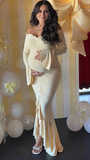 Chic-Off Shoulder Ruffle Long Sleeve Bodycon Maternity Maxi Dress