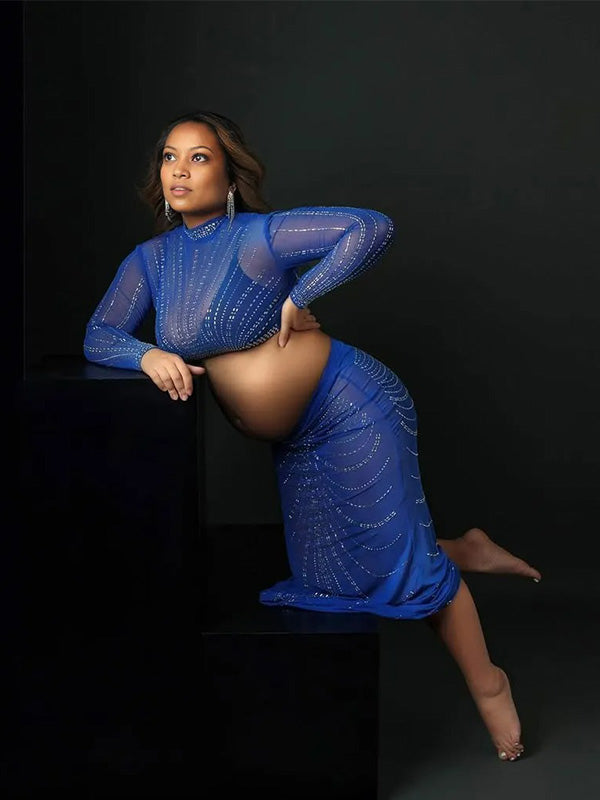 Crop-Mesh Sheer Photoshoot Maternity Maxi Dress