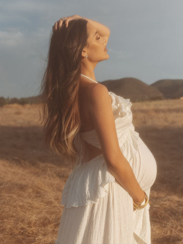 Chic-Ruffle Boho Back Tie Maternity Maxi Dress