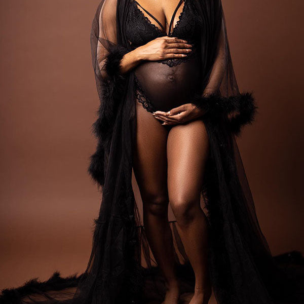 Crop- Feather Splicing Mesh Photoshoot Maternity Robe