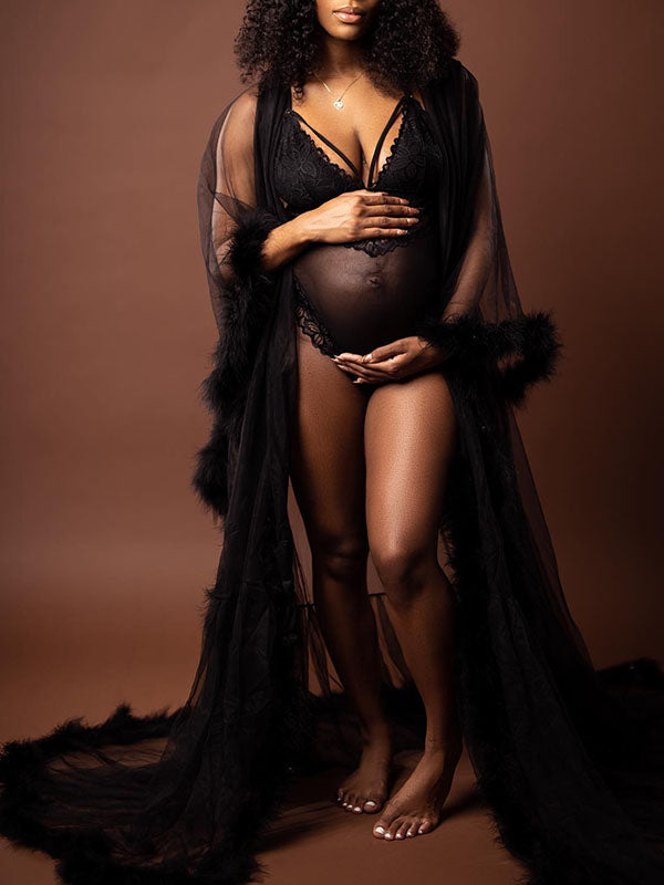 Crop- Feather Splicing Mesh Photoshoot Maternity Robe