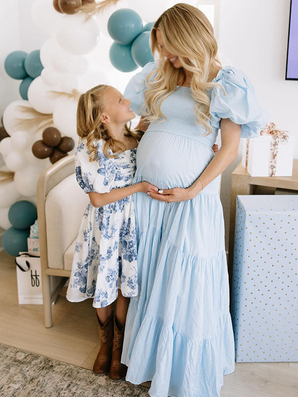 Casualwear-Ruffle Puff Sleeve Maternity Maxi Dress