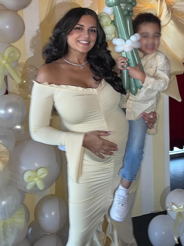 Chic-Off Shoulder Ruffle Long Sleeve Bodycon Maternity Maxi Dress