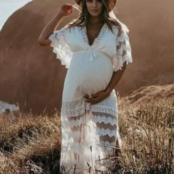 Lace-White Tassel V-Neck Boho Maternity Maxi Dress