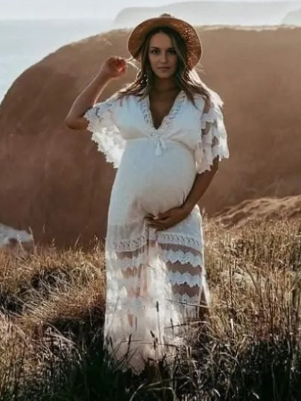 Lace-White Tassel V-Neck Boho Maternity Maxi Dress