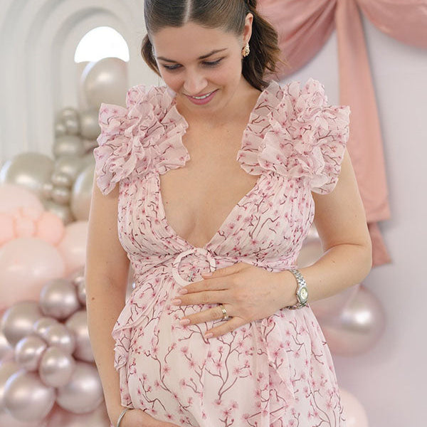 Casualwear-Ruffle Floral Vacation Maternity Maxi Dress