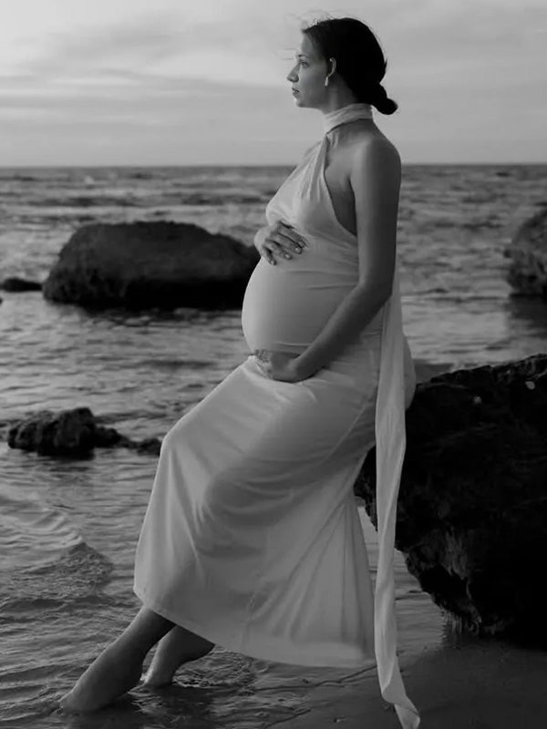 Chic- Bodycon Backless Ruched Maternity Phootshoot Maxi Dress