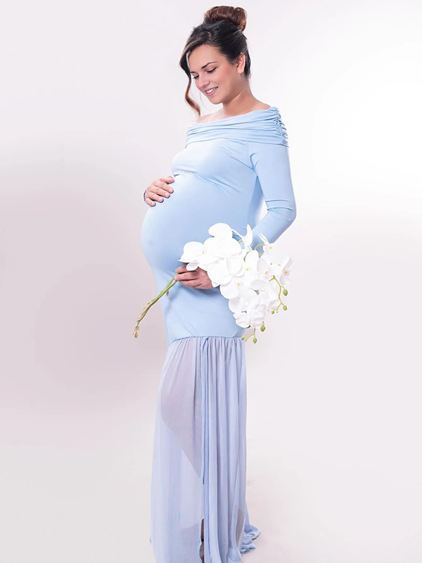 Chic-Off Shoulder Ruched Bodycon Long Sleeve Maternity Maxi Dress