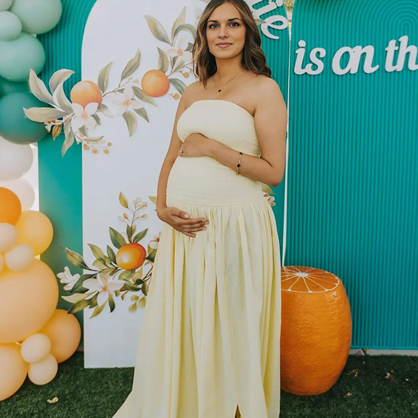 Chic-Yellow Smocked Split Backless Tube Maternity Maxi Dress